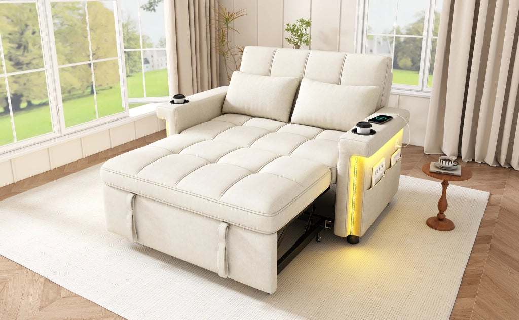 Sofa letto a 2 posti modulare 145 cm in chenille beige con LED; USB e Type-C
