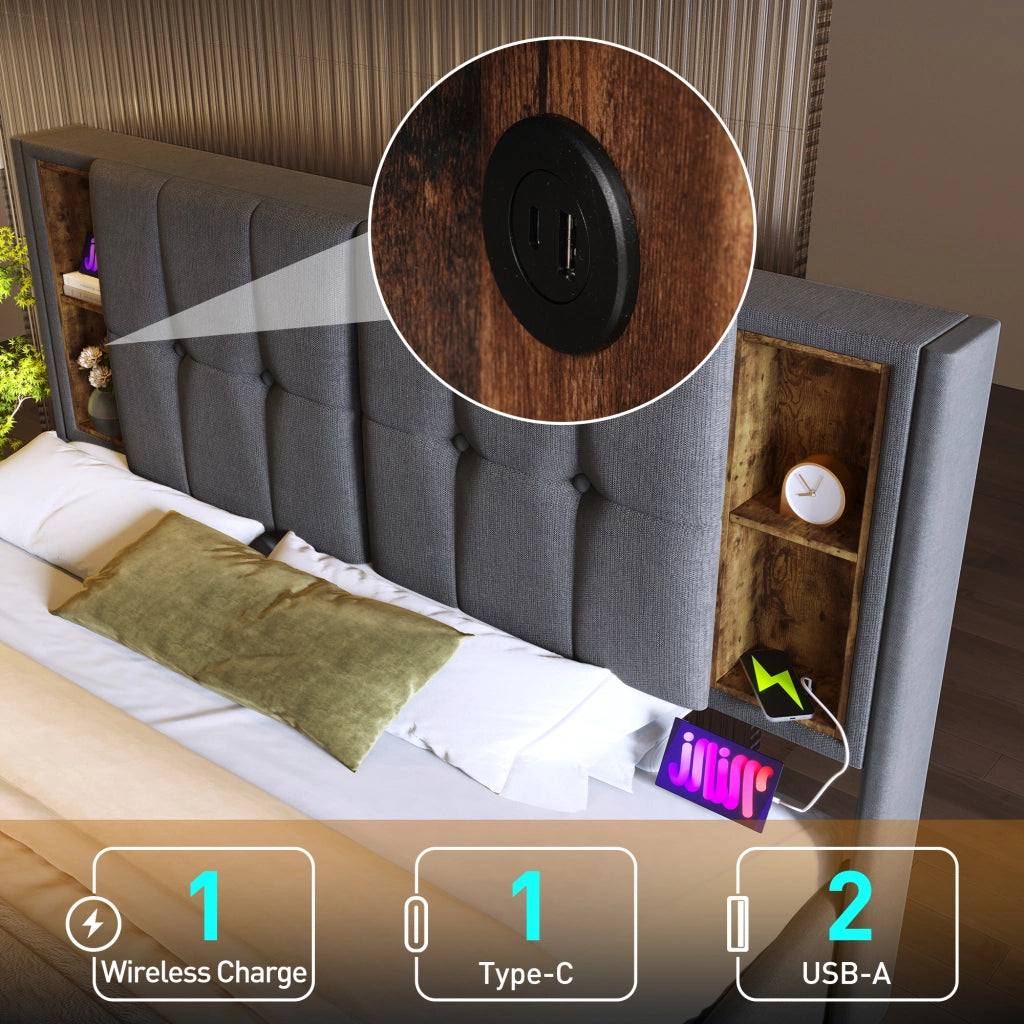 LETTO Imbottito 140x200 cm Cotone Grigio con ricarica wireless USB e Type-C