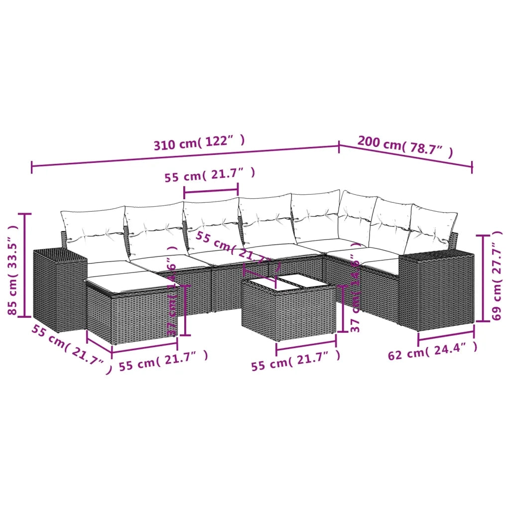 Set Divani da Giardino 9 pz con Cuscini Nero in Polyrattan 3255302