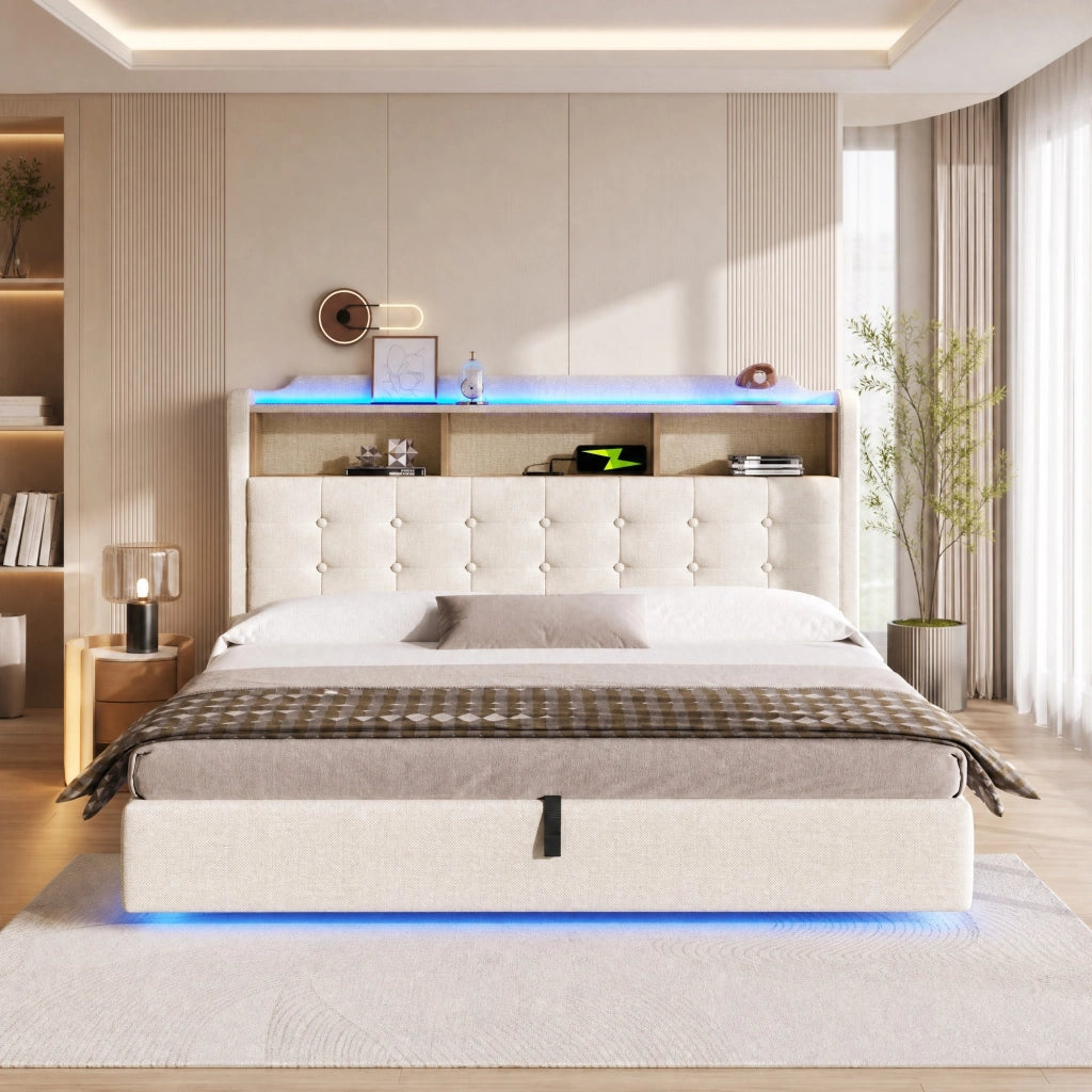 LETTO Imbottito 180x200 cm in lino beige con LED, USB e vano idraulico