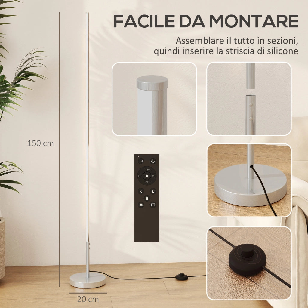 Lampada da Terra LED Alta 150 cm con Temperatura del Colore Regolabile e Telecomando, Argento