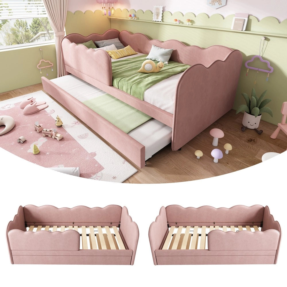 Letto Singolo Imbottito con Rete a Doghe e Letto Estraibile ¨C MINIMAL ¨C Velluto Rosa 90x190