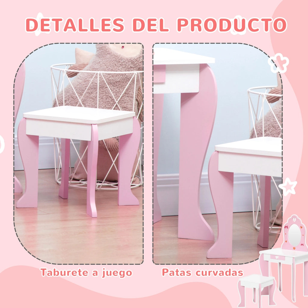 Centro di Bellezza per Bambini con Specchio e Sgabello ¨C Minimal ¨C Rosa 50x36,5x89,5cm