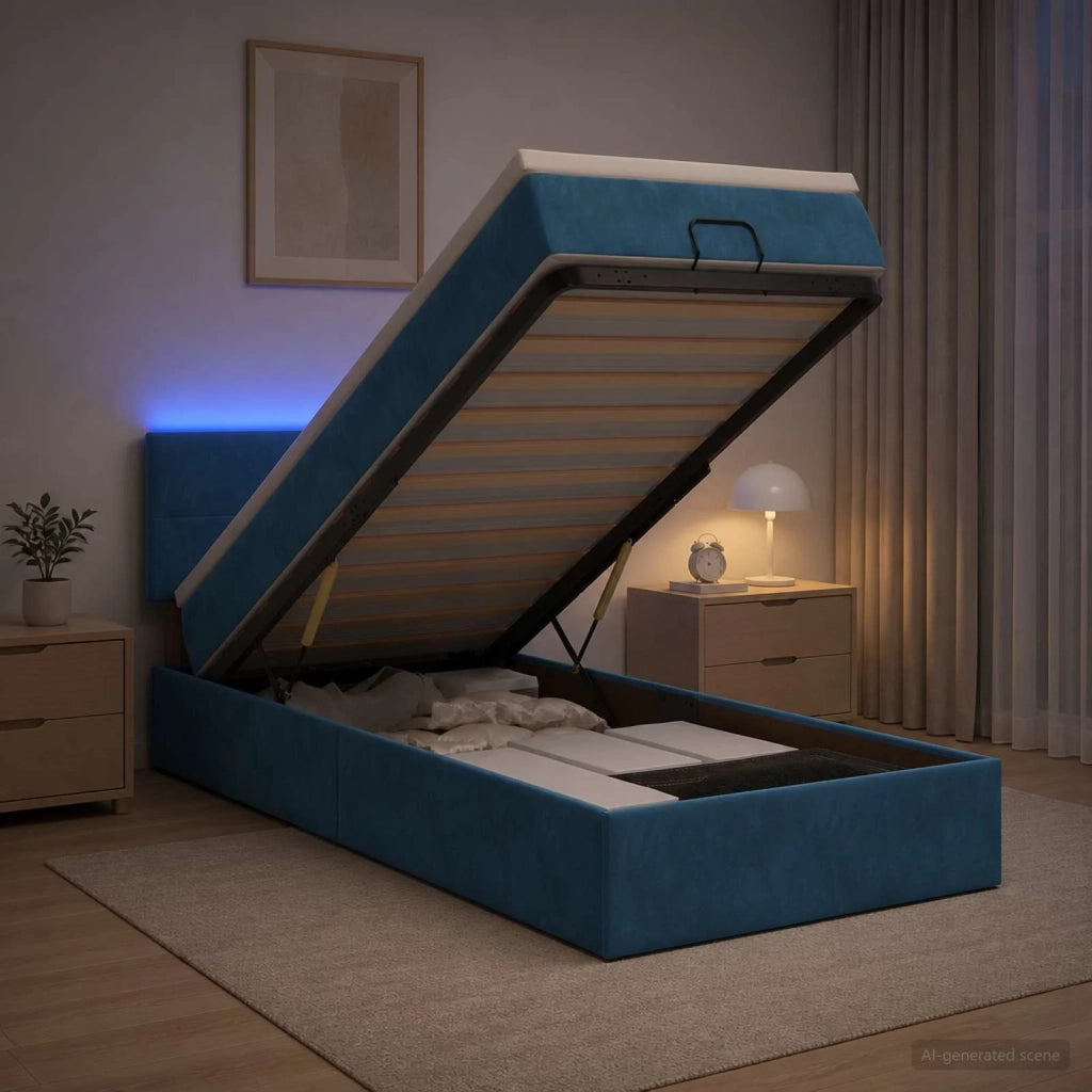Letto Ottomano con Materasso e LED Blu scuro 100 x 200 cm 3457123
