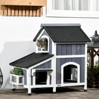 Casetta per Gatti da Esterno, a Due Piani, in Legno, Tetto in Asfalto, 96 x 65 x 85.5 cm, Grigio