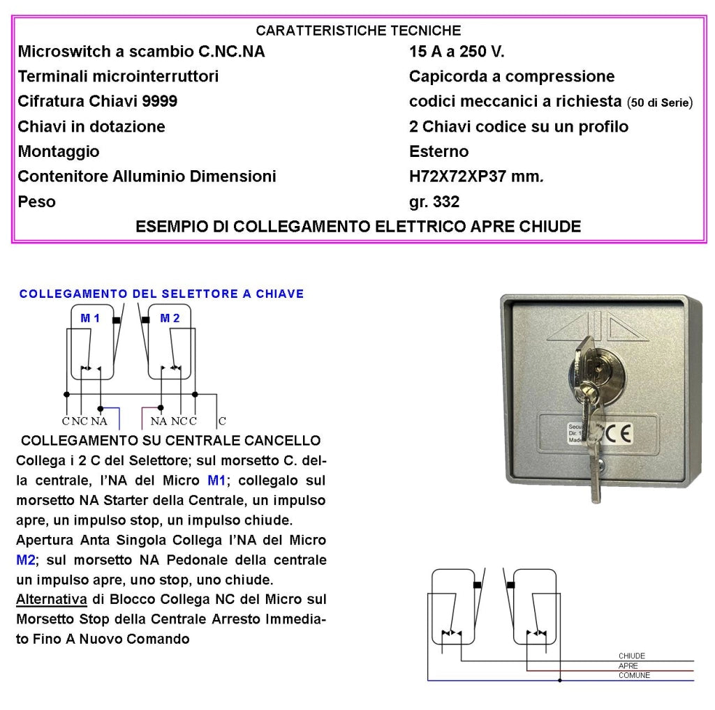 Interruttore o Selettore in Alluminio Ritorno a Molla 2 Pezzi 4 Chiavi Stesso Codice 3 Posizioni Apre Stop Chiude Contatti 15 A Isolamento 250 V da Colonna Comando Automatismi Condominiale e Pedonale
