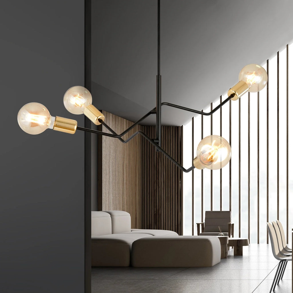 Sospensione Industrial 4 Luci Temi In Acciaio Nero E Oro Bracci Regolabili