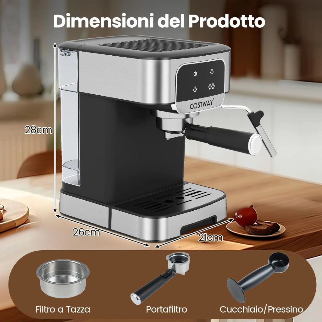 1200W Macchina da Caffè Professionale, Macchina per Espresso 20 Bar con Montalatte a Vapore, in Acciaio Inox per Cappuccino Latte Macchiato, 26 x 21 x 28 cm