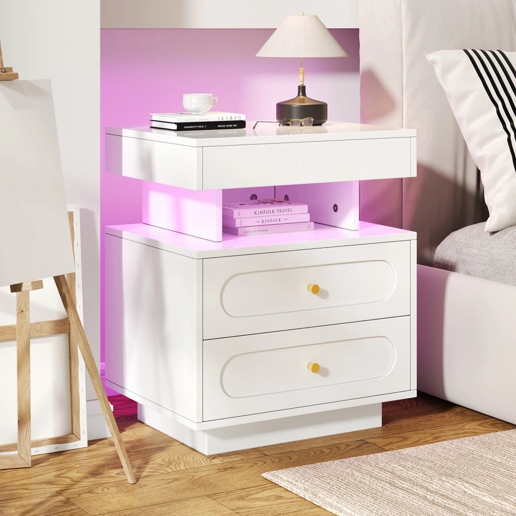 Comodino con LED e 2 Cassetti ¨C MINIMAL ¨C Bianco 50x40x60 cm