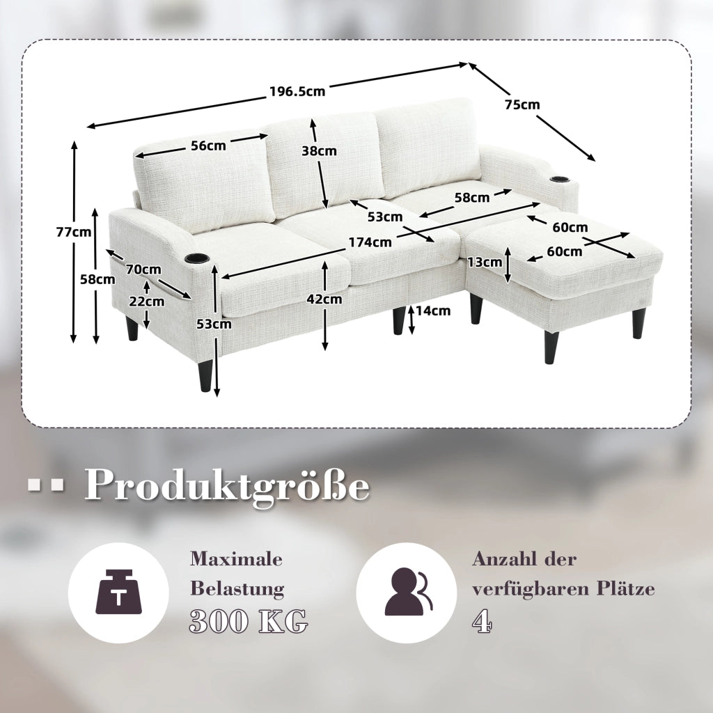 Divano 4 Posti con Poggiapiedi e Contenitore ¨C MINIMAL ¨C Velluto, Braccioli, Portabicchieri