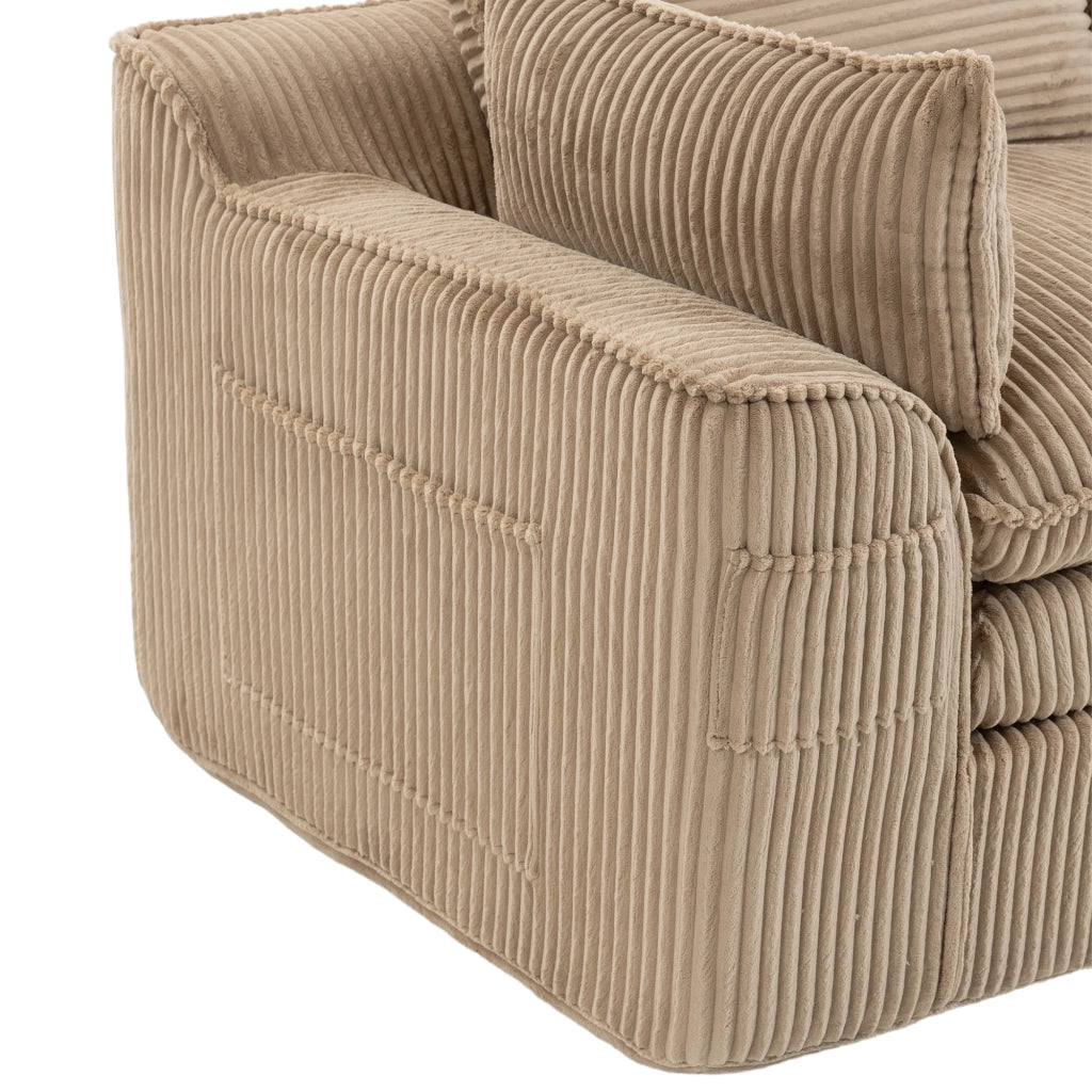 Divano modulare 3 posti in tessuto corduroy khaki con pouf, tasche laterali e cuscini