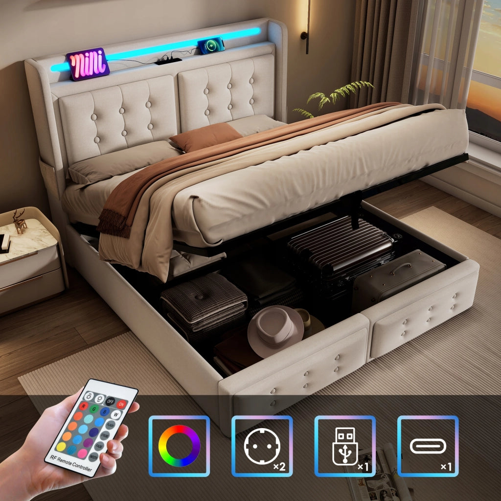 Letto imbottito 160x200 - Xylo - Beige con funzione di ricarica USB-C