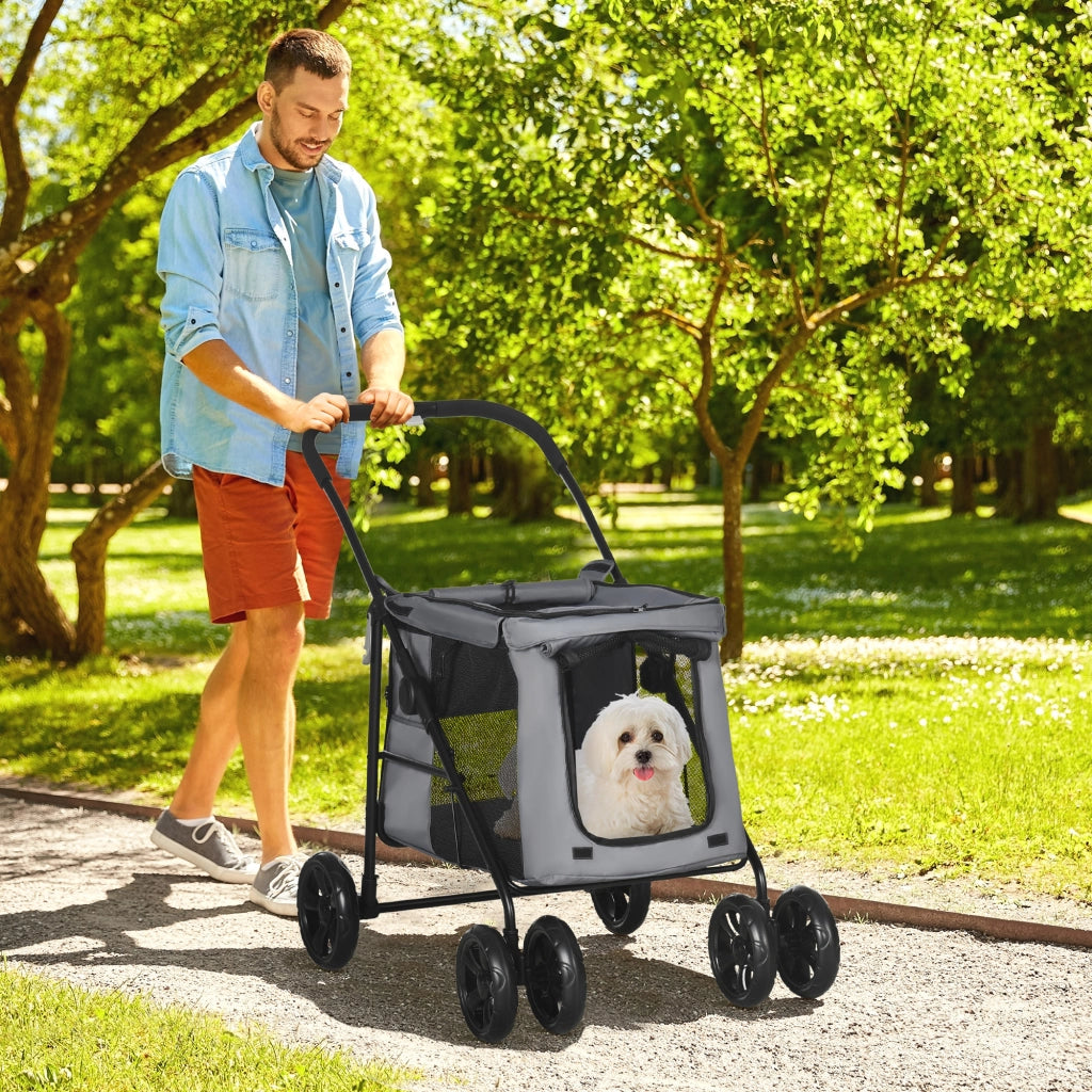 Passeggino pieghevole per cani e gatti fino a 20 kg con cuscino, passeggino per gatti con finestra in rete in tessuto Oxford grigio e nero