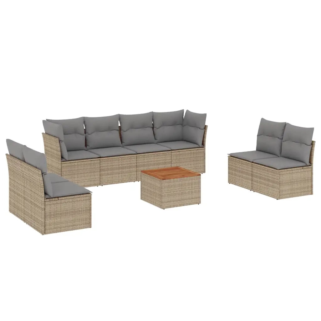 Set Divano da Giardino 9 pz con Cuscini Beige in Polyrattan