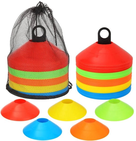 Coni di Marcatura per Calcio - 100 Stuks Coni di Marcatura con Alloggiamento e Sacchetto - Filtraggio per Allenamento e Marcatura (5 Colori)