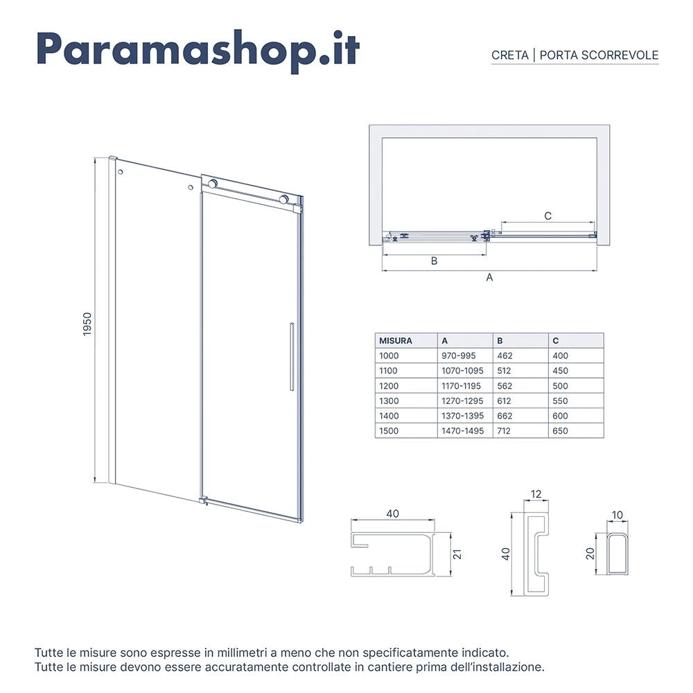 Porta doccia 100cm apertura scorrevole profili nero opaco vetro 8mm fumé h195 | Creta