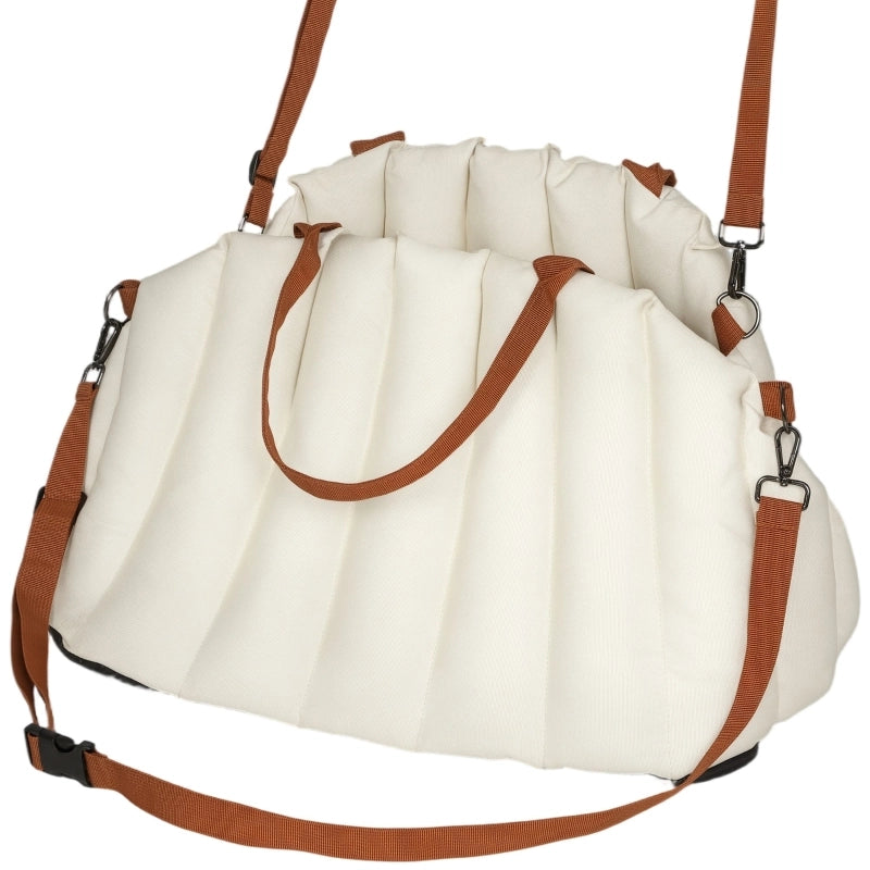 Borsa trasportino per cani di peso inferiore a 5 kg, 2 spallacci, tessuto Oxford, cuscino, guinzaglio, colore bianco crema.