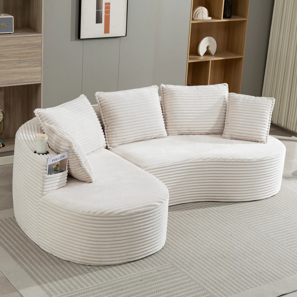 divano curvo con portabicchieri e tasca laterale; velluto beige; 250 Ã— 152 Ã— 82 cm