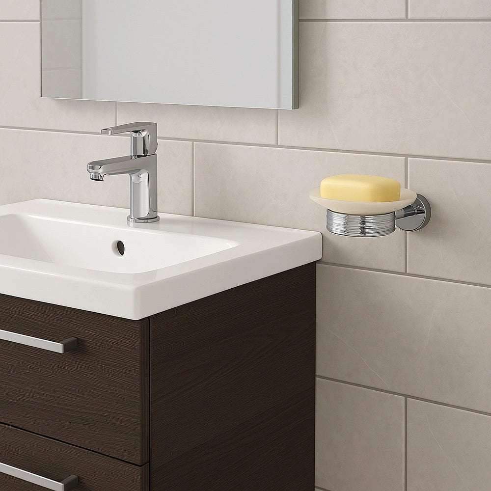 Trade Shop - Porta Sapone In Acciaio Lucido Con Piattino Vetro Satinato Accessori Da Bagno 87916 -