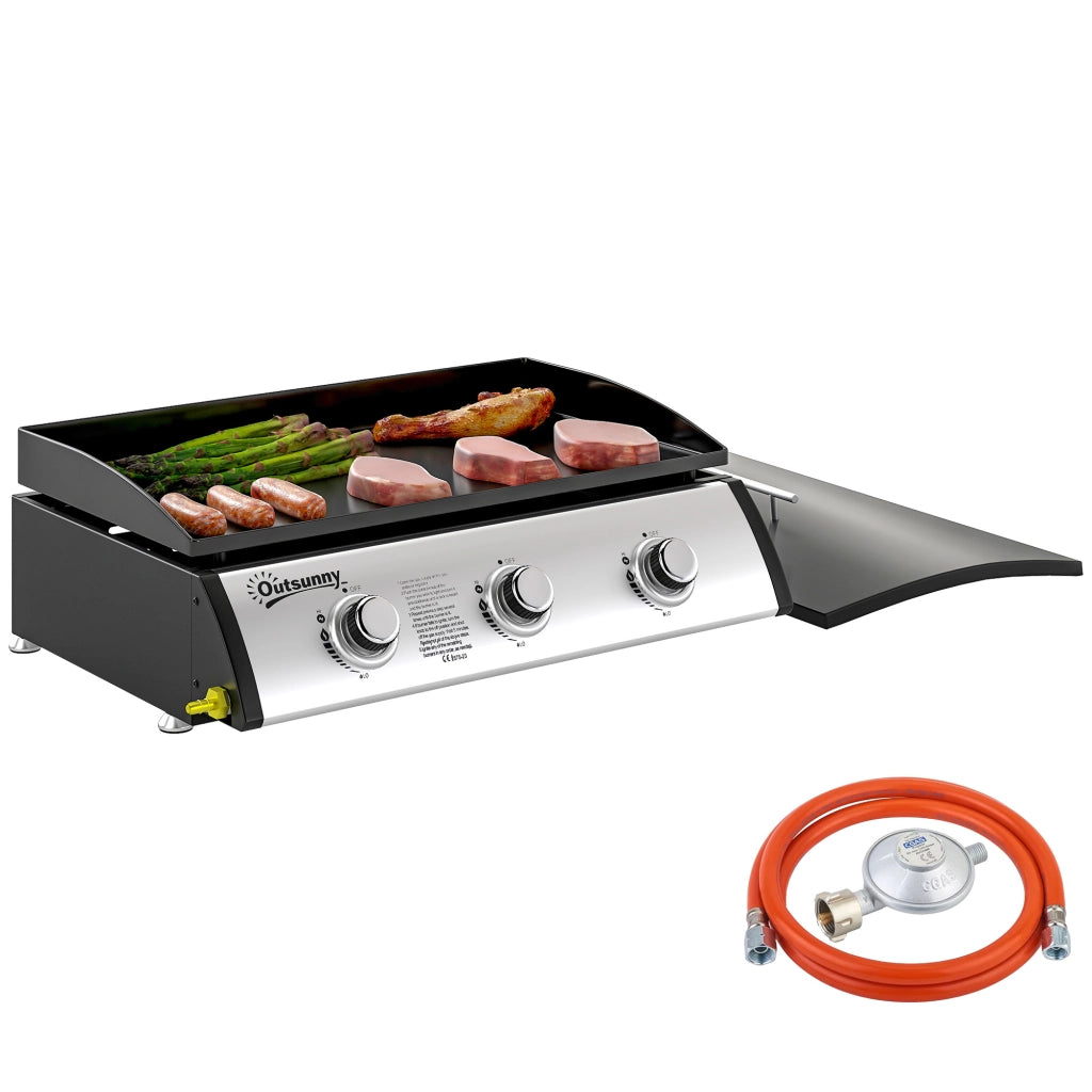 Piastra a Gas 3 Fuochi ¨C Xylo ¨C Acciaio Smaltato Nero 7.5kW con Coperchio