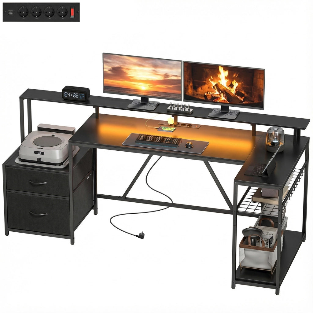 Scrivania Gaming Angolare con Hub di Ricarica, Luci LED e Supporto Monitor, in Legno e Acciaio, 192.5x80x86.5 cm, Nero