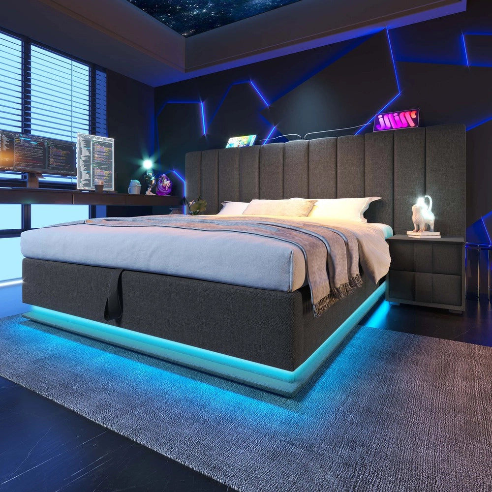 Letto Imbottito Contenitore Matrimoniale con LED e USB ¨C MINIMAL ¨C Tessuto Grigio 180x200