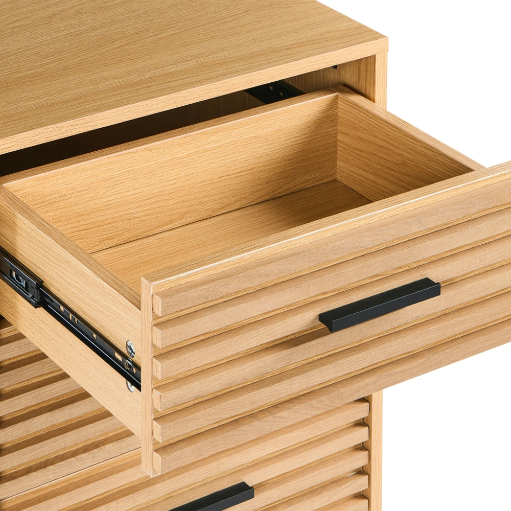 Cassettiera marrone chiaro MDF gambe in ferro 4 cassetti moderna
