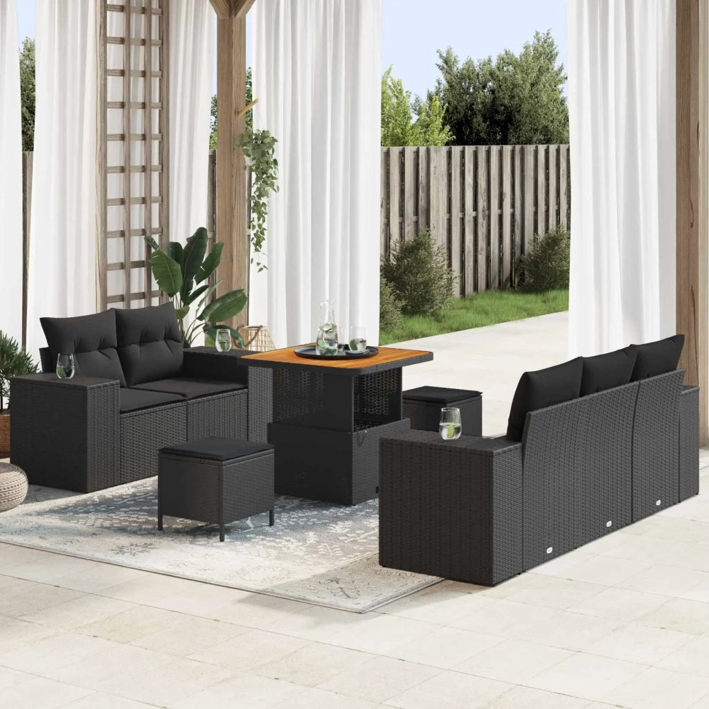 Set Divano da Giardino 8 pcs Nero Rattan in Polipropilene