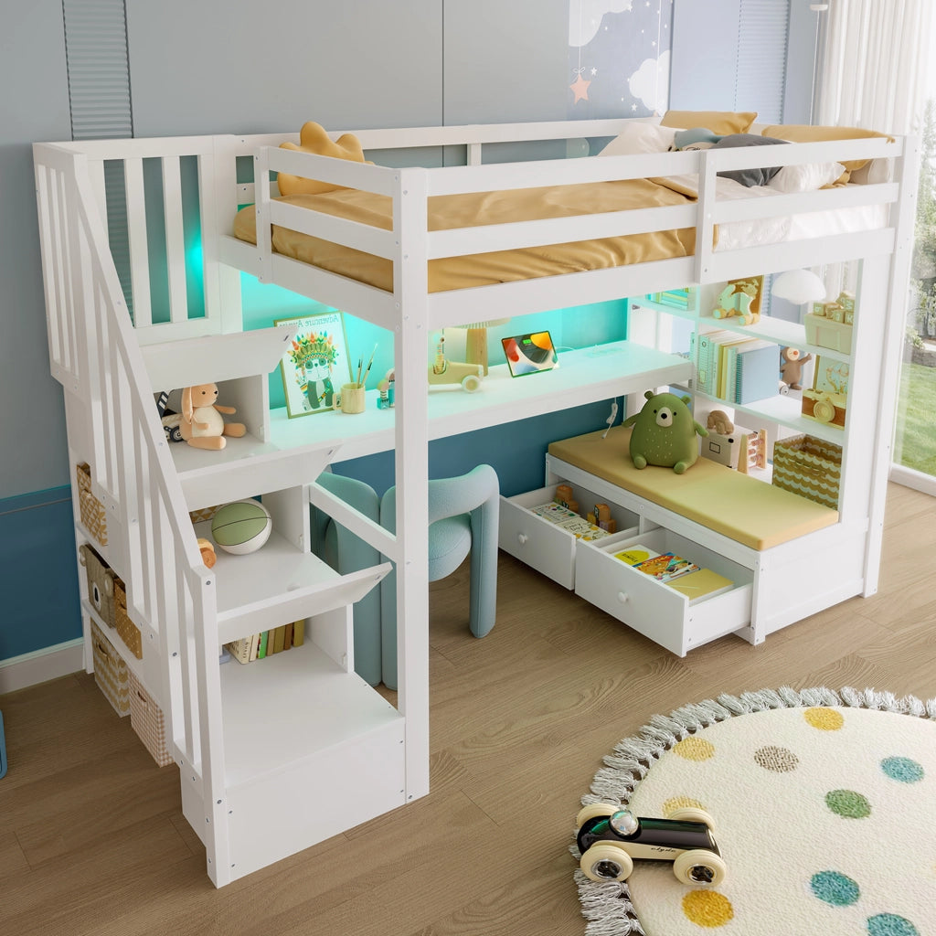 Letto a castello con scrivania e scaffali - Xylo - 90x200 - Bianco - Con cassetti e ripostiglio