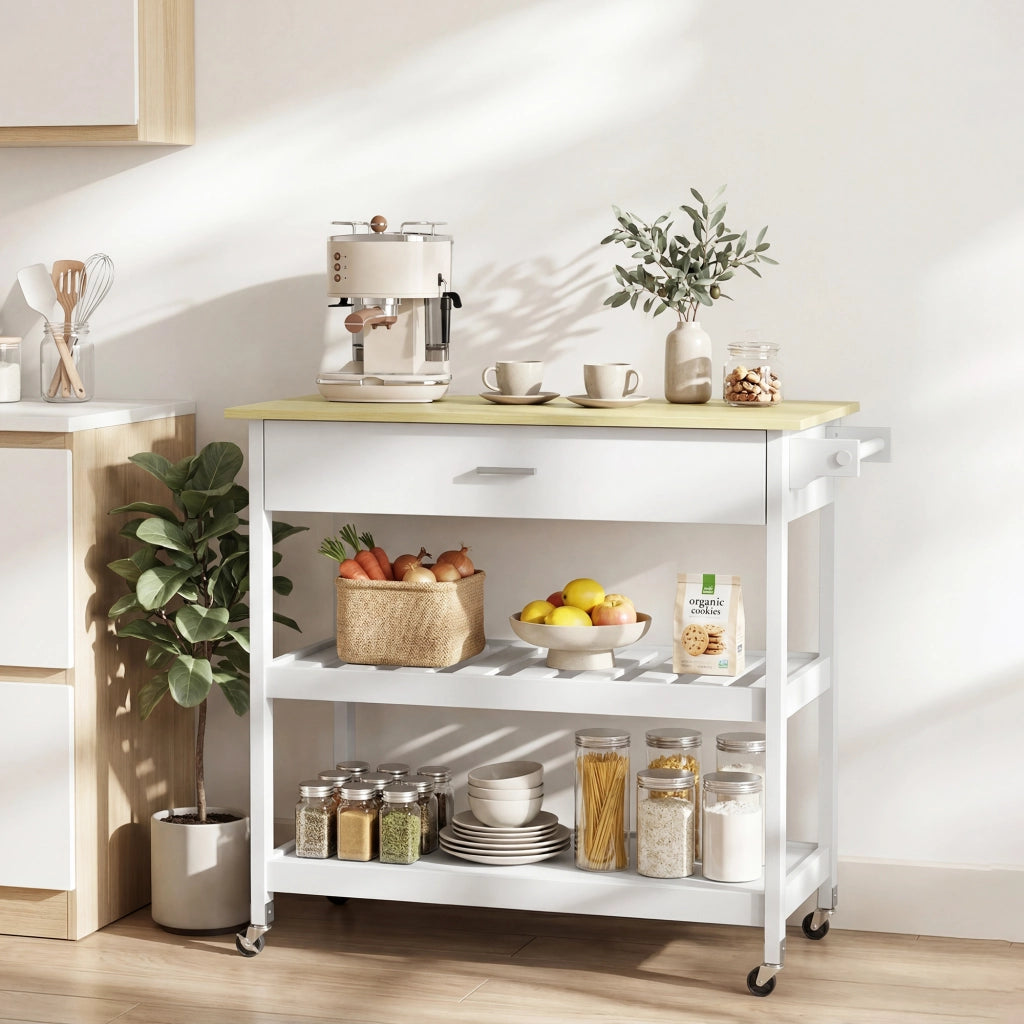 Carrello cucina con ruote ¨C Xylo ¨C piano lavoro, cassetto, ripiani, portasciugamani, bianco