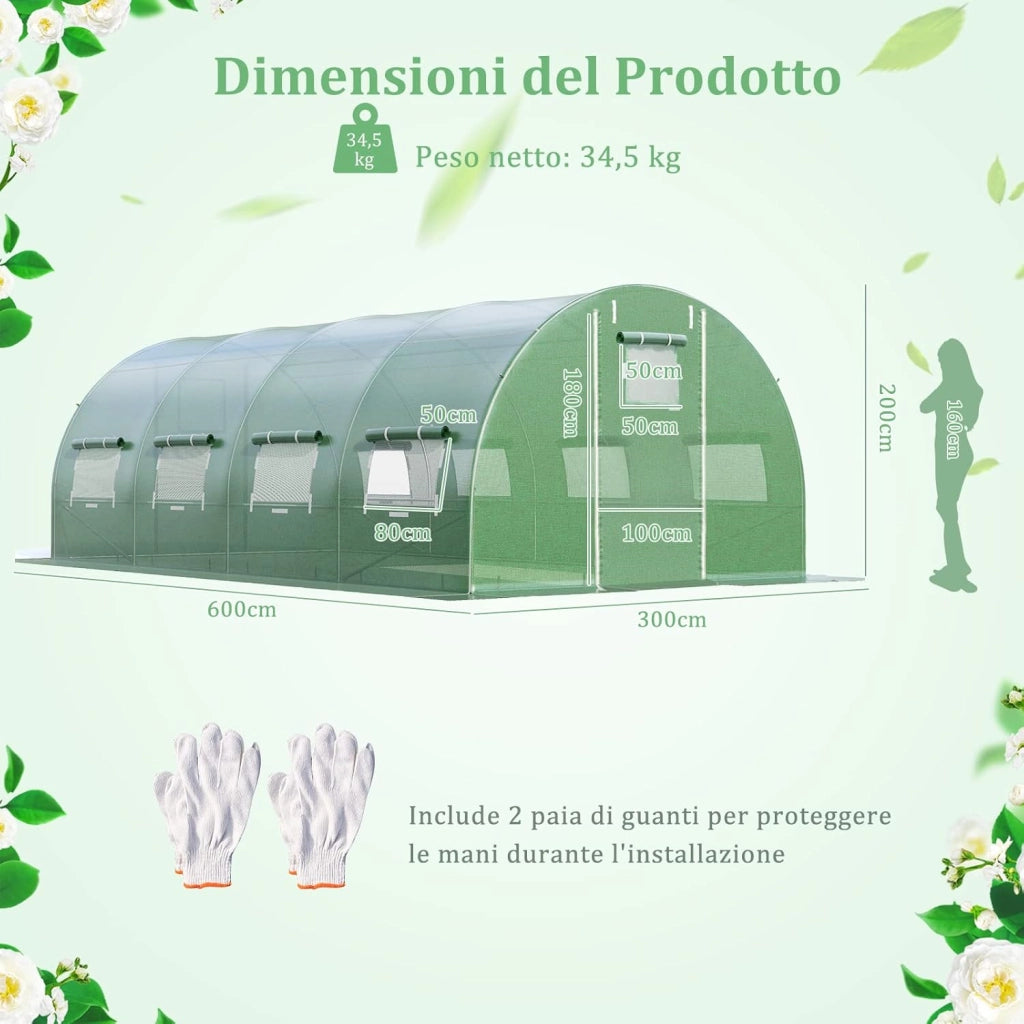 Serra da Giardino 600 x 300 x 200 cm, Serra Tunnel per Orto e Piante con Copertura Resistente, Struttura Robusta in Acciaio Zincato, 10 Finestre Avvolgibili e 2 Porte con Cerniera