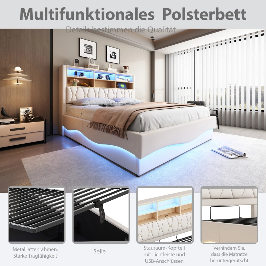 LETTO Contenitore 180x200 cm Beige in ferro con LED e USB