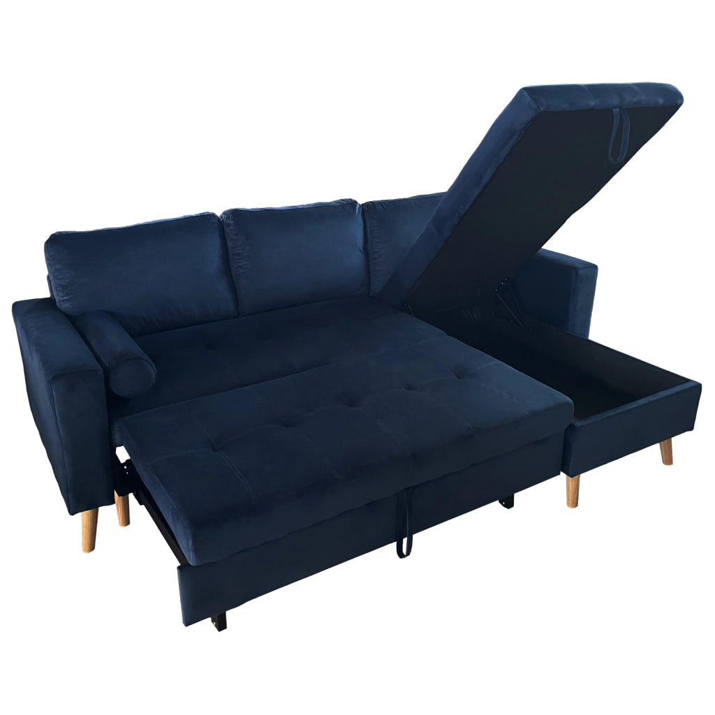 JAMESDivano letto angolare a 3 posti in velluto blu