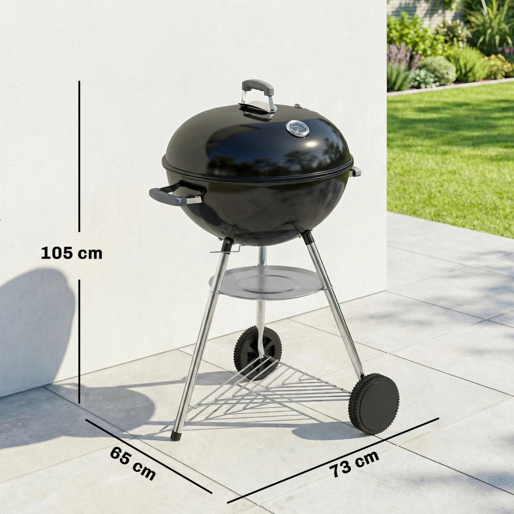 Barbecue a Carbone Rotondo con Coperchio ¨C Xylo ¨C Termometro e Ruote, Nero