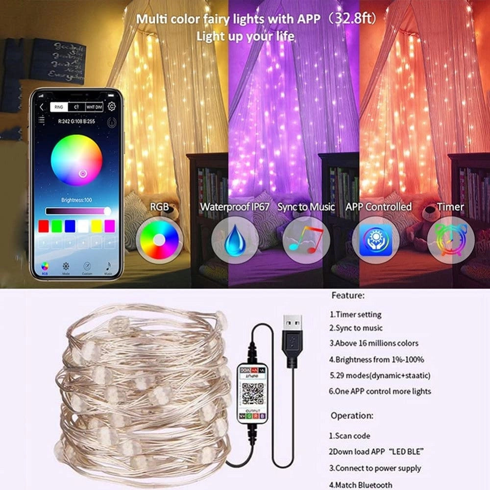 Trade Shop - Luci Led Albero Di Natale Usb Bluetooth App Interno Con Telecomando 5 Mt 50 Led -