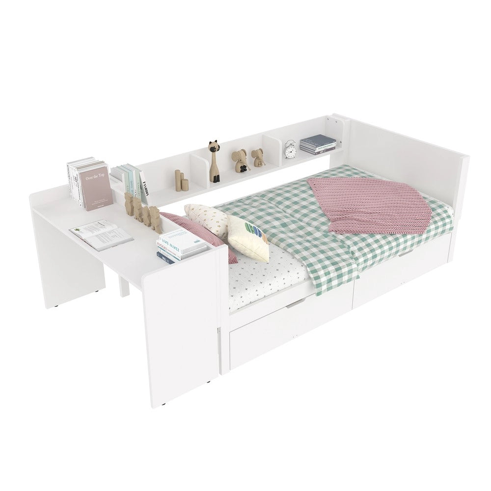 Letto Singolo con Scrivania e Cassetti ¨C MINIMAL ¨C Pino e Multistrato, Bianco, 90x200