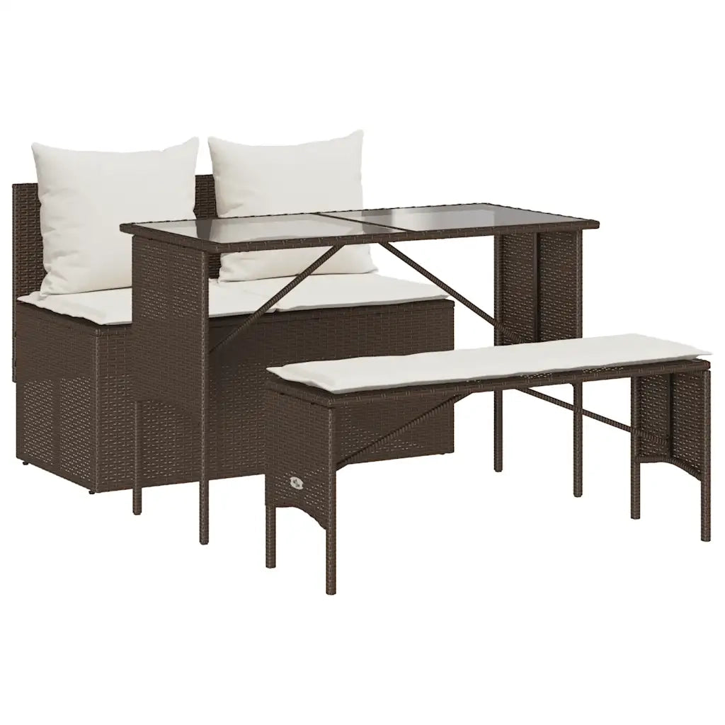 Set da Pranzo da Giardino 3pz con Cuscini in Polyrattan Marrone 4104182