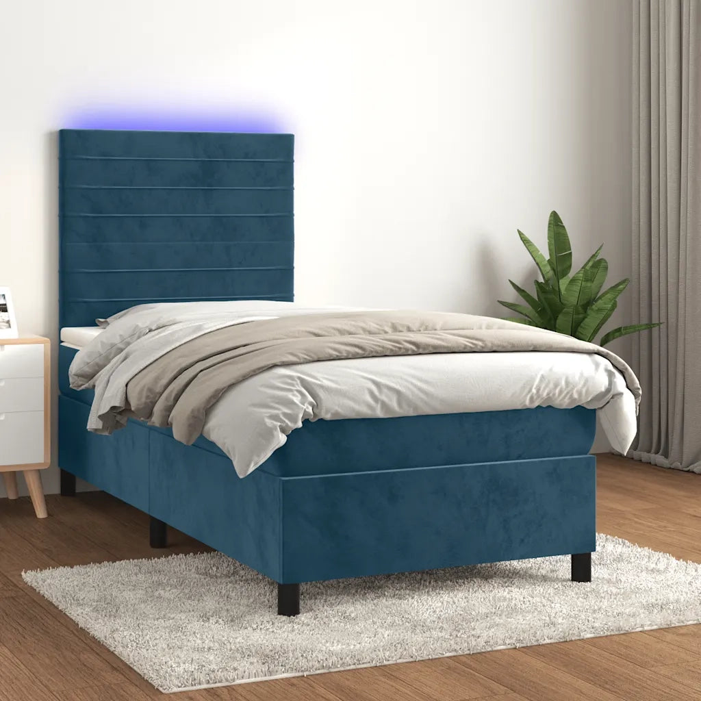 Letto a Molle con Materasso e LED Blu Scuro 90x200cm in Velluto