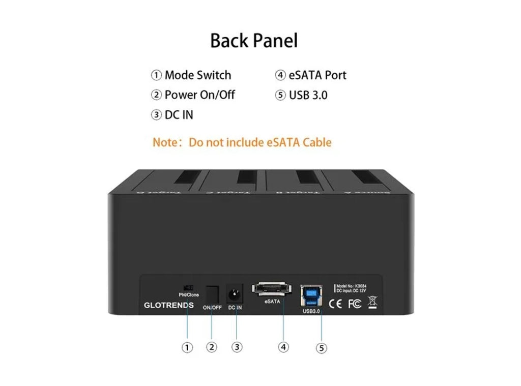 Duplicatore Disco GLOTRENDS per Hard Disk SATA 2.5/3.5 HDD/SSD con Alimentatore e Cavo USB Incluso