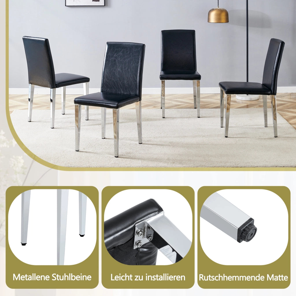 Set 4 Sedie da Pranzo ¨C MINIMAL ¨C Ecopelle Nera, Gambe in Metallo Argento, Moderne