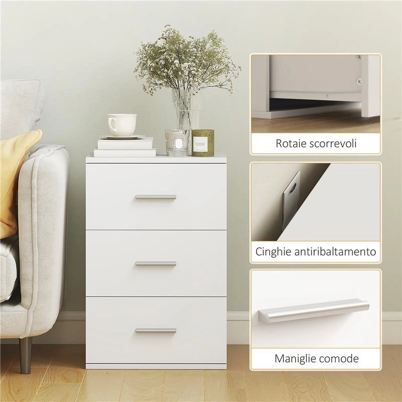 COMODINO CON 3 CASSETTI MODERNO E MULTIUSO PER CAMERA E SALOTTO, 40X35X60 CM, BIANCO