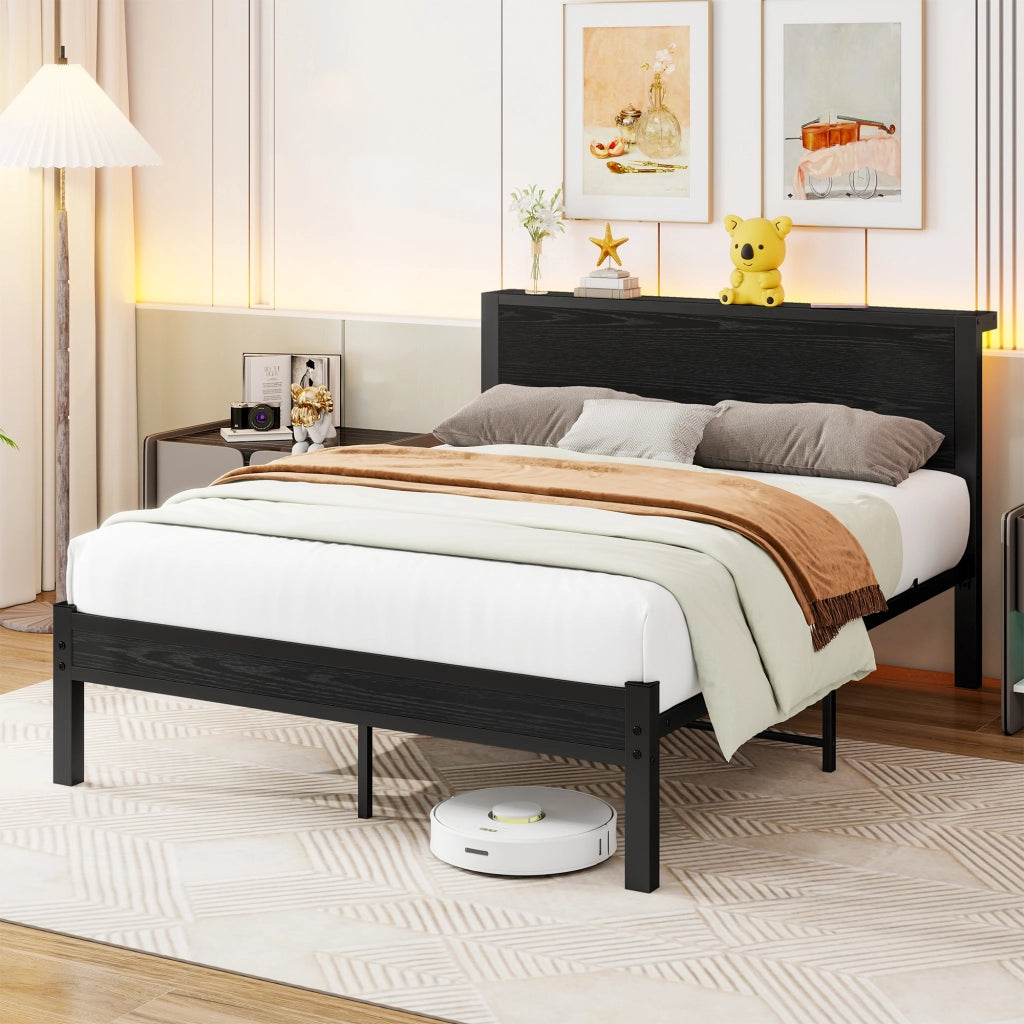 LETTO Singolo 120x200 cm con testiera, MDF e metallo, Nero