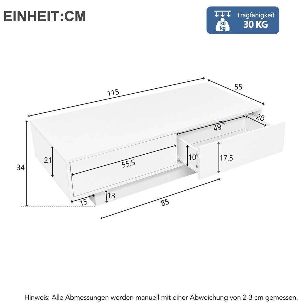 Tavolino da Caff¨¨ con LED e Cassetti ¨C MINIMAL ¨C Bianco Lucido 115x55x34