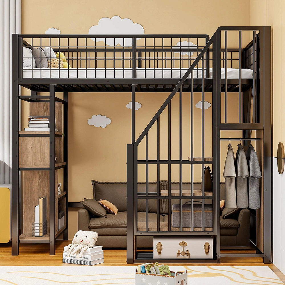 Letto a soppalco - Xylo - 90x200 cm nero con ripiani e scala
