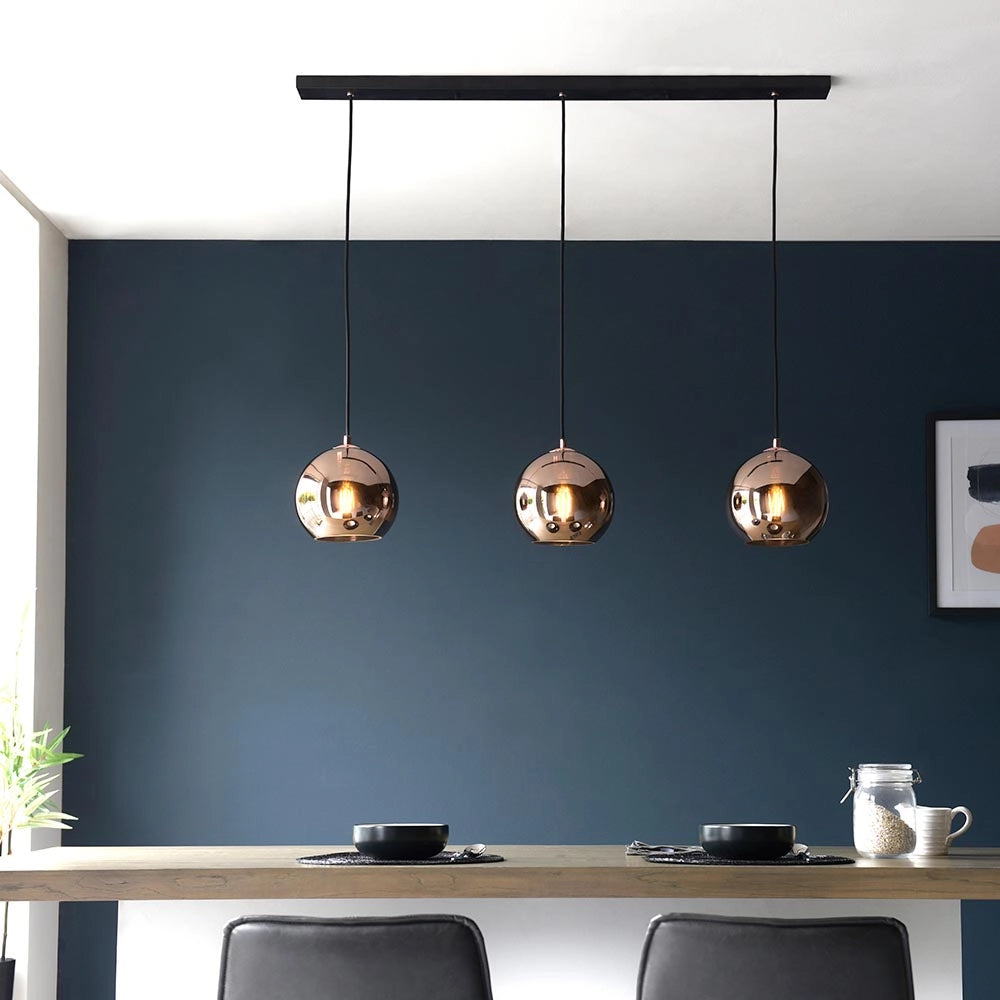 Lampada sospensione lineare rame vetro 3xE27 Endon Boli