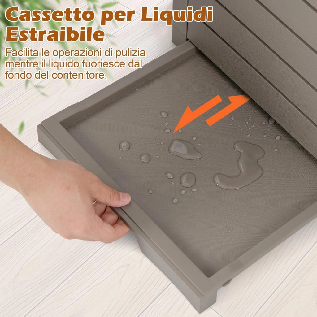 Pattumiera Differenziata da Esterno, Bidone Spazzatura Impermeabile con 1/2 Scomparti, Coperchio a Doppia Chiusura e Vassoio Estraibile e Maniglia (1, Marrone, 118 L)