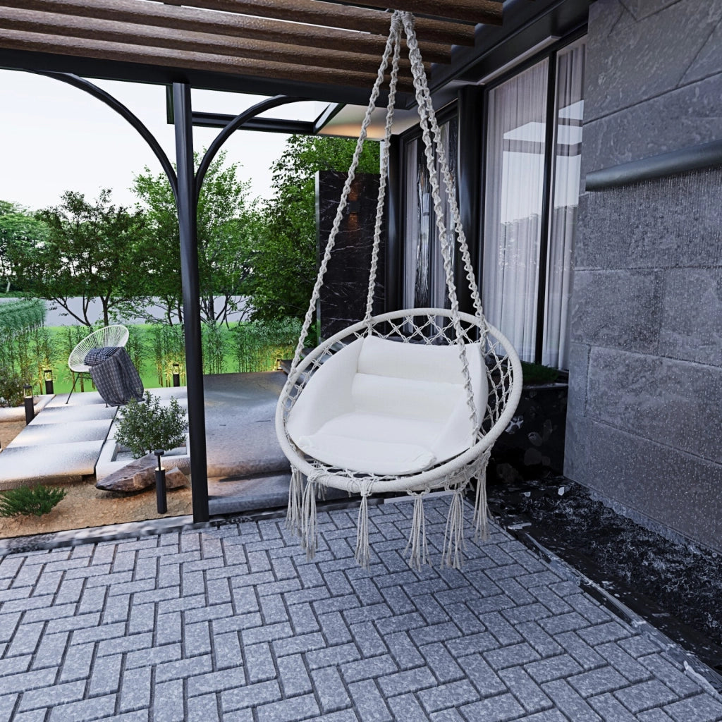 Poltrona Sospesa Pensile Da Giardino Con Corda In Cotone Effetto Macramè E Struttura In Acciaio Cuscino Sedia Dondolo Amaca Con Seduta Imbottita Esterno Terrazzo Design Moderno Fino A 160 Kg Beige
