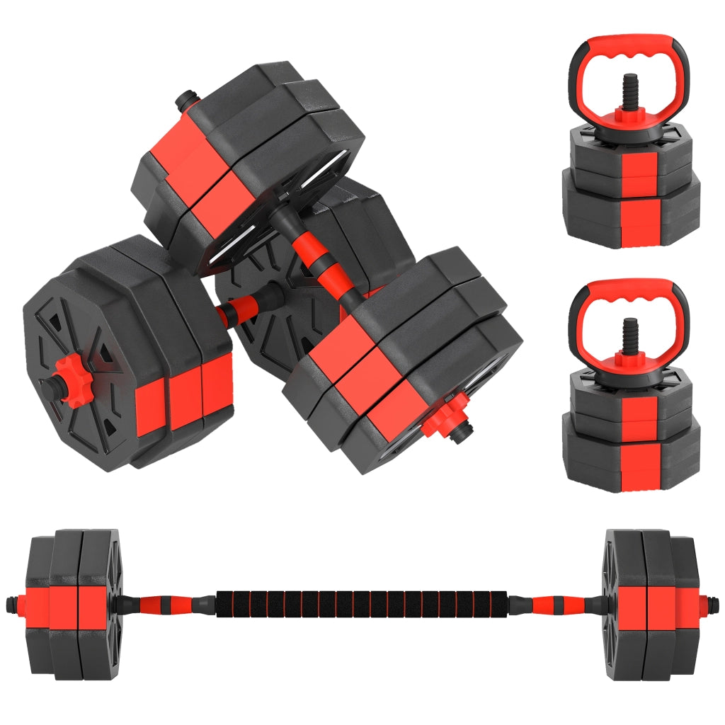 Set Pesi Palestra 4 in 1 30kg Manubri Bilanciere Kettlebell Rosso