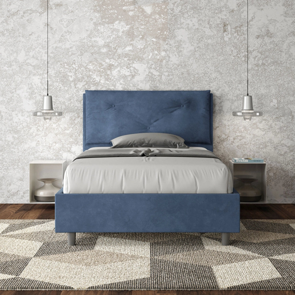 BS COM Letto una piazza e mezza senza rete imbottito 130x210 microfibra blu Large