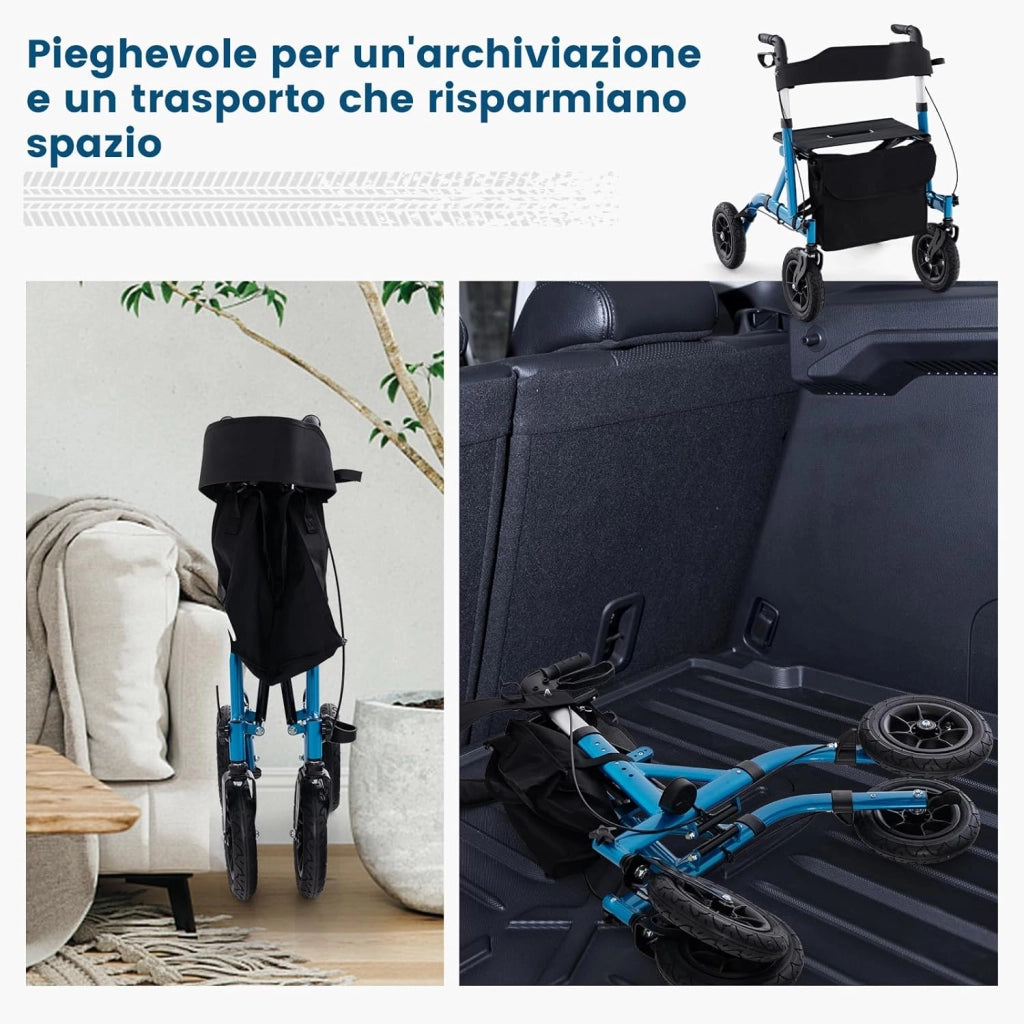 Deambulatore per Anziani Pieghevole, Deambulatore Pieghevole Regolabile in Altezza, Con 4 Ruote Gonfiabili e Borsa Portaoggetti, in Alluminio, Portata Massima di 160 kg (Blu)